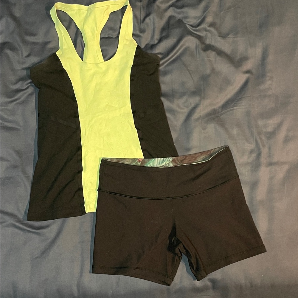 Lululemon Black and Yellow Athletic Tank and Shorts Set